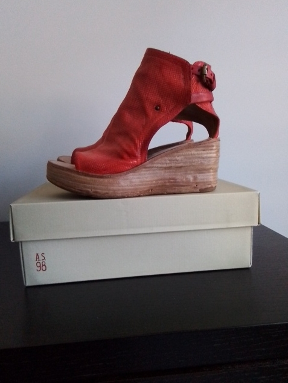 A.S.98 Fire Red Leather Open-Toe Wedge Sandal
